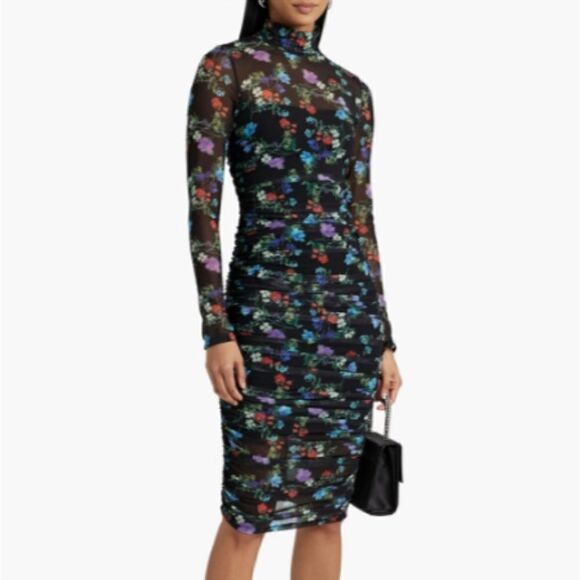 ALICE + OLIVIA DELORA FLORAL RUCHED STRETCH MESH BODY-CON BLACK DRESS sz 4 - Picture 4 of 11